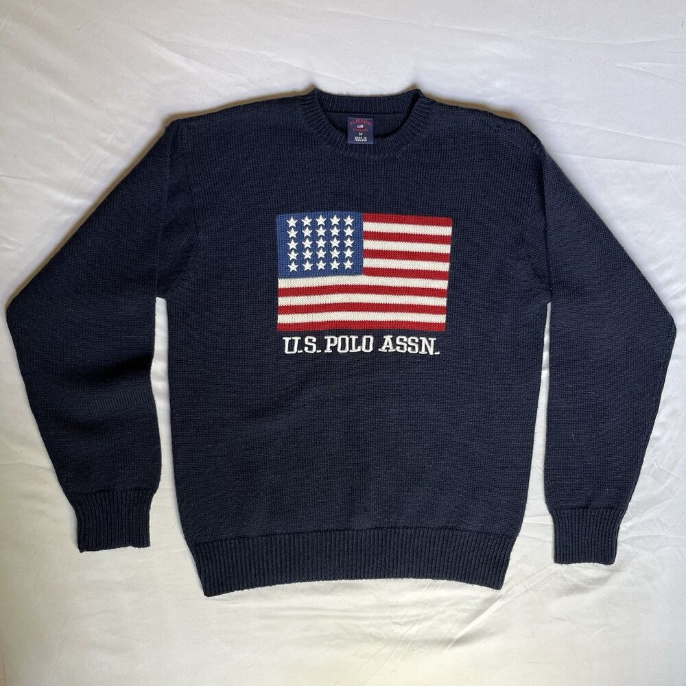 VTG 00's US Polo Assn American Flag Embroidered Knit Sweater Mens M Preppy USA